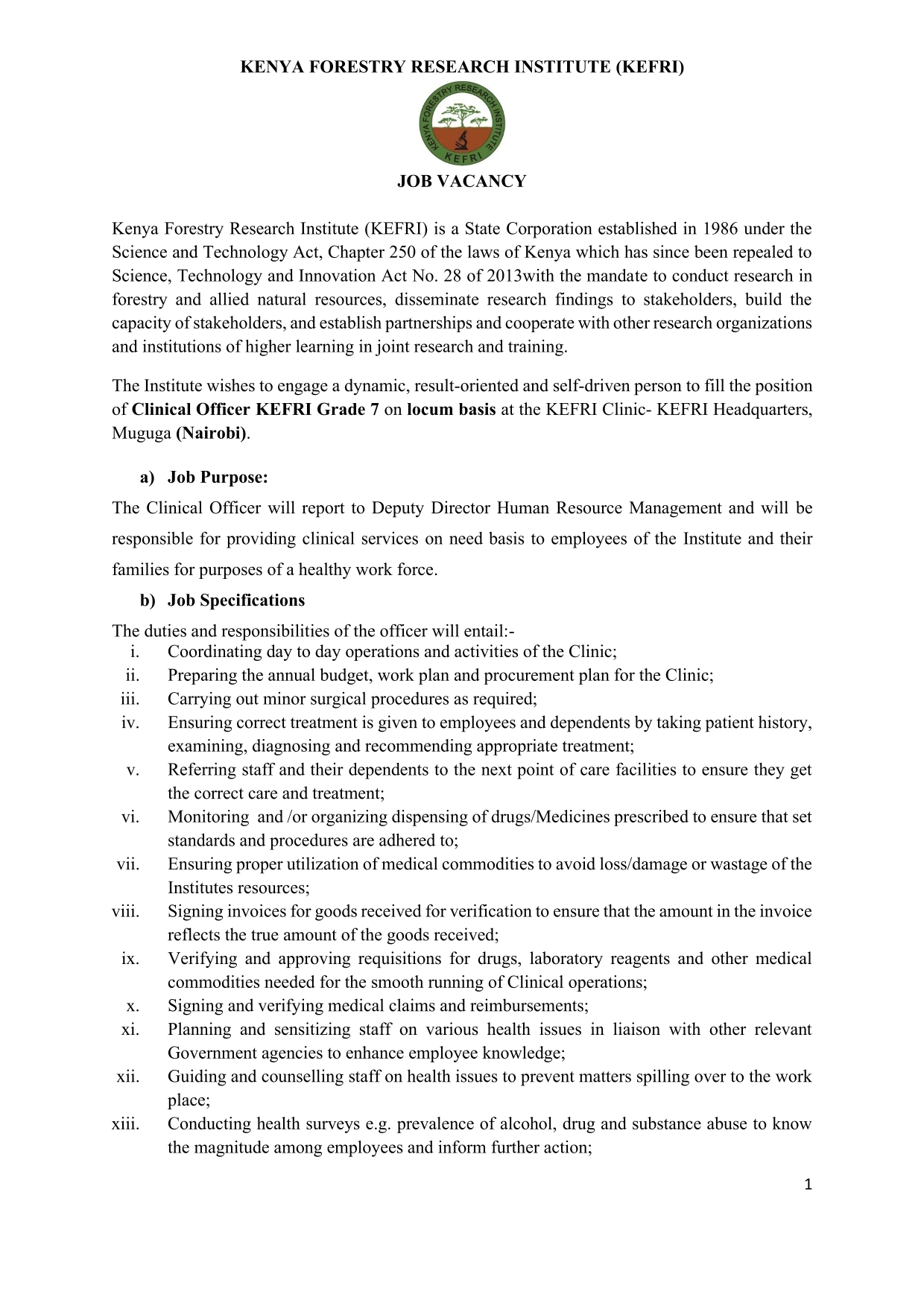 KEFRI Clinical Officer Vacancy Notice